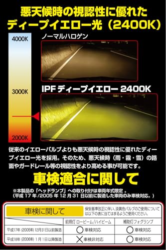 IPF ヘッドライト フォグランプ ハロゲン 車用 H8 2400K イエロー 黄色 12V用 2本入 車検対応 霧・雪・悪天候に強い XY63 最後 画像