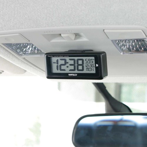 ナポレックス(Napolex) 車用電波時計 ブルーLEDバックライト付き 配線不要 バッテリー式(CR2032) 大型液晶採用 アラーム付き(スヌーズ機能あり) カレンダー表示機能 取付ステー付きで取り付け場所 角度調整も自由に可能 デジタル時計 Fizz-940 中間 画像