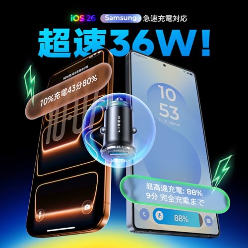 LISEN しがーソケット USB Cタイプ 【業界最小・超高速充電】シガーソケット usb-c 急速充電 PD36W + QC18W 金属ボディ 車 充電器 12V/24V対応 30分で50% タイプC 車載 USB-A 車載インバーター iPhone 17 Pro Max/16/15/14/13/12/Air/se Pixel iPad シリーズ 対応 深空黒 中間 画像