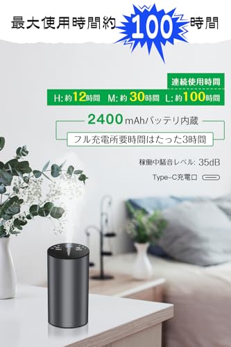 Amison 車用 ディフューザー 芳香剤 精油10mL X4本付 水なし自動噴霧式 アロマ ネブライザー 2400mAhバッテリ内蔵 充電式 静音 アロマディフューザー ミスト量調整 タイマー機能 ヨガ室・部屋・車載・店舗などに適用 (グレー) 中間 画像