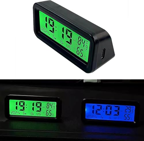 happykau 車 時計 デジタル時計 ソーラー電子時計 車載時計 二重色の光 LEDバックライト 4in1 日付/時刻/温度/湿度表示 カレンダー表示機能 デジタル温度計 夜でも見える光 発光時計 夜光 多機能 ソーラー充電・USB充電可能 配線不要 ソーラーパネル搭載 (ブルー＋グリーンライト) 画像1