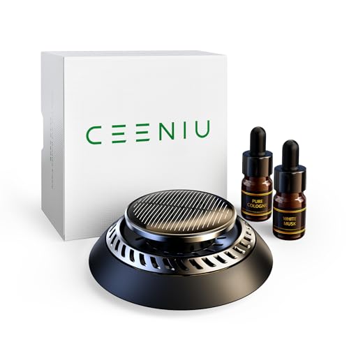 CEENIU 車用芳香剤 高級カー用品 2025新型 アルミ合金製 ソーラー回転式 静音 フランス産天然香料 エッセンシャルオイル2本付き カーフレグランス Car Freshener 画像1