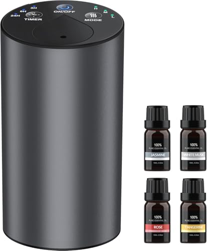 Amison 車用 ディフューザー 芳香剤 精油10mL X4本付 水なし自動噴霧式 アロマ ネブライザー 2400mAhバッテリ内蔵 充電式 静音 アロマディフューザー ミスト量調整 タイマー機能 ヨガ室・部屋・車載・店舗などに適用 (グレー) 画像1