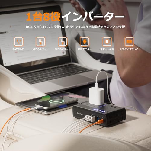 インバーター 12V 100V シガーソケット コンセント 変換 200Ｗ 車載充電器PD 36W 車 コンセント カーインバーター DC11V-17Vを110V変換可 コンバーター 2AC差込口 4つのUSB-Aポート 2つのUSB-Cポート ブラック 最後 画像