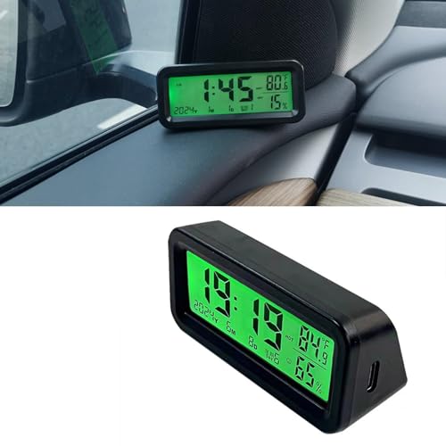 KASELIN 車載時計【ソーラー充電・USB充電可能】 二重色の光 LEDバックライト 4in1 日付/時刻/温度/湿度表示 カレンダー表示機能 デジタル温度計 夜でも見える光 発光時計 夜光 多機能 取り付け簡単 使用便利 カーアクセサリー 車内用品 (ブルー＋グリーンライト) 画像1