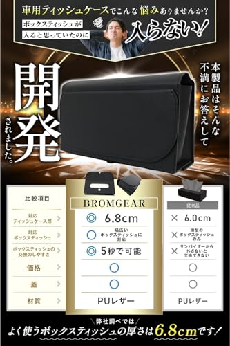 BROMGEAR ブロムギア 箱ごと入る 車用ティッシュケース ティッシュカバー サンバイザー 収納 フタ付き カー用品 車内 吊り下げ PUレザー 中間 画像