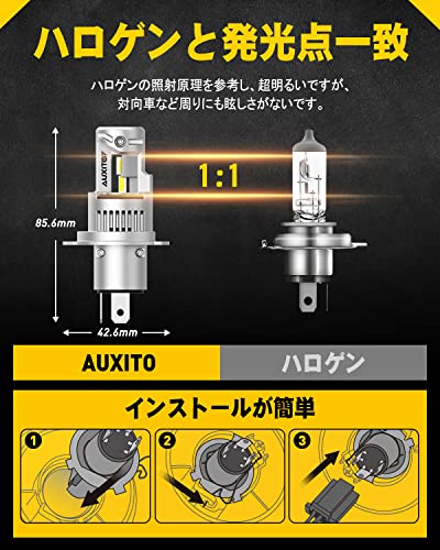 AUXITO H4 Hi/Lo LEDヘッドライト 車用 新基準車検対応 高輝度LEDチップ搭載 爆光 5倍明るさUP 純正ハロゲンと発光点一致 高輝度6000K 12V車対応 定電流回路搭載 長寿命 高速回転冷却ファン付け 放熱性静音 瞬間起動 光軸調整フリー 2個入り ホワイト 販売者3年保証 - Q16H4 中間 画像