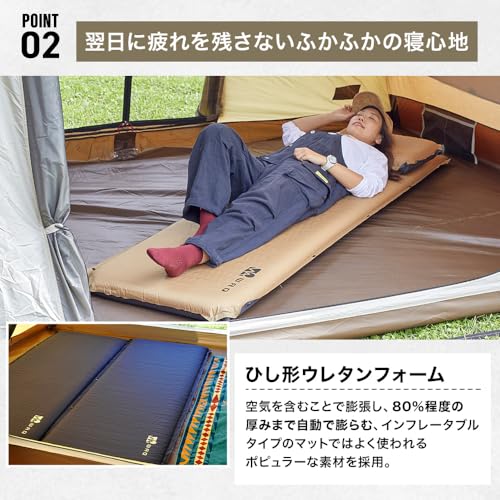 WAQ キャンプマット 車中泊マット 厚手 8cm コンパクト R値 6.0 特殊ウレタン 軽量 インフレーターマット (TAN) 中間 画像