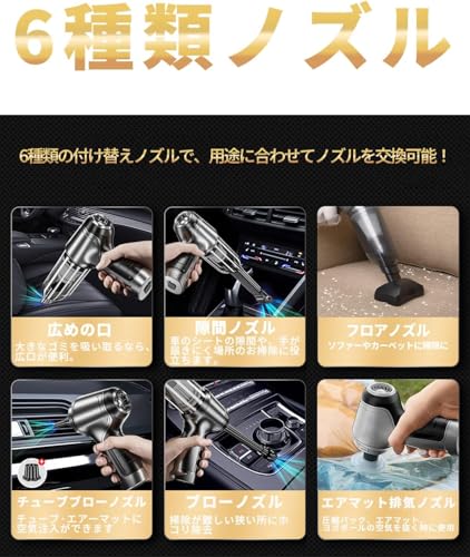 【Amazon.co.jp限定】ハンディクリーナー 車載掃除機 コードレス 電動 USB充電式 12000PA強力吸引力 ミニ・ポータブル ワイヤレス 軽量 290g 多種類ノズル 車家両用 低噪音 車載ポータブル 軽量/業務用/キーボード掃除/車内清掃/家具/家庭用 中間 画像