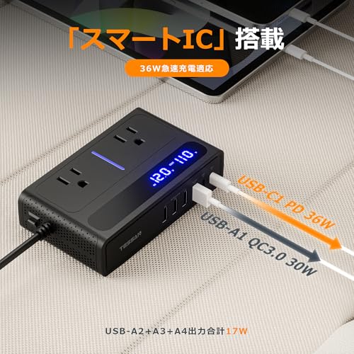 インバーター 12V 100V シガーソケット コンセント 変換 200Ｗ 車載充電器PD 36W 車 コンセント カーインバーター DC11V-17Vを110V変換可 コンバーター 2AC差込口 4つのUSB-Aポート 2つのUSB-Cポート ブラック 中間 画像