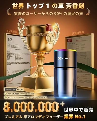【2026新登場・180mL で 16 ヶ月持続】FLIRVA 車 アロマディフューザー 超音波霧化 静音 穴詰まりなし 粒子細かく 液溜まり防止【 8色雰囲気ライト 持続モード特許 自動ON/OFF 内蔵バッテリー コードレス アルミ合金】ホワイトムスクの香り フランス産天然香料 F26 Plus 車 芳香剤 車 消臭 最後 画像