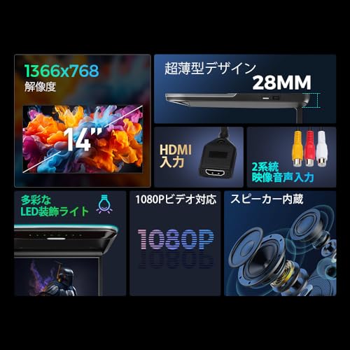 XTRONS フリップダウンモニター 14インチ 大画面 1366x768 超薄 軽 HDMI入力 1080Pビデオ対応 スピーカー内蔵 外部入力 水平開閉120度 USB（CM140HD） 最後 画像