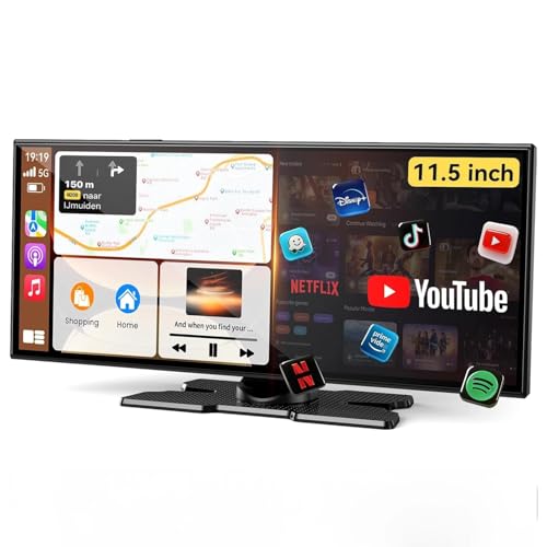 【YouTubeやNetflixが見れるアンドロイドナビ】kuayvan ディスプレイオーディオ 11.5インチ大画面のandroidポータブルカーオーディオ 4K Android 15システム 2+32GB大容量 Wi-Fi接続対応 ワイヤレスCarPlay/Android Auto 2分割画面 Bluetooth電話/音楽の外観・全体像 画像