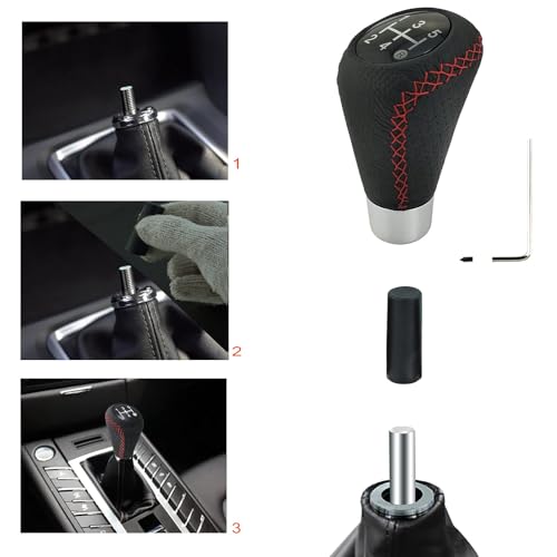 Lunsom 5速 シフトノブ PU革 車用 ギアシフトレバー シフトノブ交換 手動車に適用します (赤ステッチ) 中間 画像