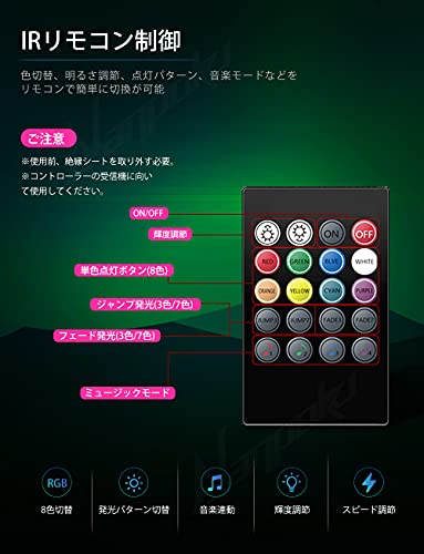 Nanpoku 車 LEDテープライト USB&シガーソケット 2種給電 車内装飾用 防水 高輝度 音に反応 RGB 8色切替 多種フラッシモード 4パターン点灯 フットライト 足下照明 リモコン付き 中間 画像