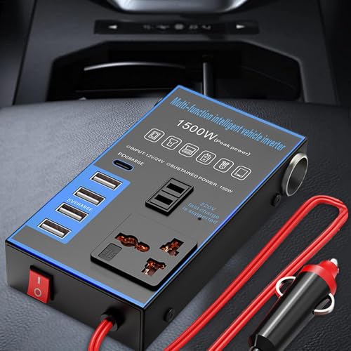 カーコンバーター充電器、DCからACへのインバーター,1500W カーチャージャーアダプター - USB 充電ポート車両インバーターロードトリップキャンプ タブレット PC ラップトップ RV トラックの特徴・詳細 画像