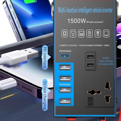 カーコンバーター充電器、DCからACへのインバーター,1500W カーチャージャーアダプター - USB 充電ポート車両インバーターロードトリップキャンプ タブレット PC ラップトップ RV トラックの詳細・まとめ 画像