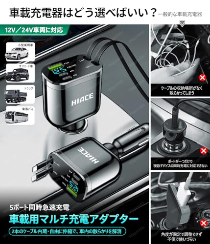 ランドクルーザー 250系 【巻取式ケーブル 2 本】ランドクルーザー 70系 80系 150系 250系 300系 LAND CRUISER CARXtruck 車載充電器 4 台同時急速充電 Type-C&iPhone 対応 LED 電圧計付き 360° 回転 シガーソケット 12V/24V 対応 各車種対応 カーチャージャーの詳細・まとめ 画像