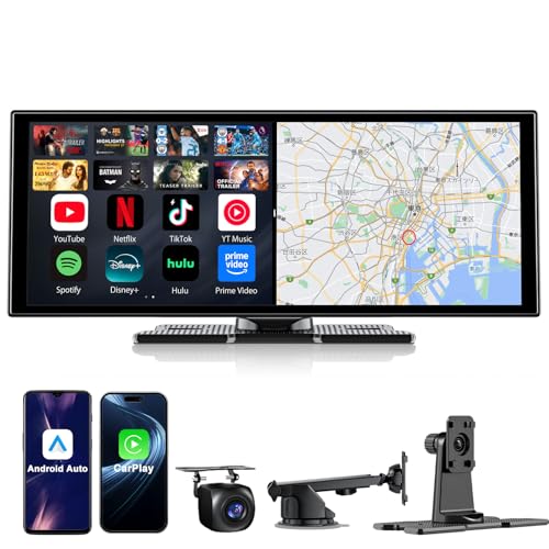 Accfly 11 インチプロフェッショナルディスプレイオーディオ 動画視聴対応（YouTube/Netflix Tiktok等アプリ）高清解像度 1920*720 デュアルスクリーン同期表示機能 ワイヤレスアンドロイドナビ（カーナビ）対応 ワイヤレス CarPlay 接続機能 背面カメラ対応、bluetooth通話音声コントロール、AUX/FM、インストール容易、技術認証取得済みです 1枚目 画像