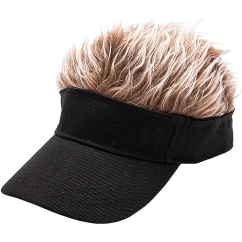 [Joxoilso] サンバイザー メンズ フェイクヘアー付き ジョークグッズ 帽子 男女兼用 軽量 通気性 ゴルフ 釣り アウトドア パーティー用 かつら付きハゲ隠し おもしろ小物 (アヒルの舌の黒い帽子 + コーヒーの髪) 1