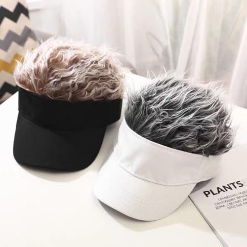 [Joxoilso] サンバイザー メンズ フェイクヘアー付き ジョークグッズ 帽子 男女兼用 軽量 通気性 ゴルフ 釣り アウトドア パーティー用 かつら付きハゲ隠し おもしろ小物 (アヒルの舌の黒い帽子 + コーヒーの髪)の詳細・まとめ 画像