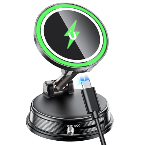 スマホホルダー 車 マグネット【最強の磁力&15W急速充電】スマホスタンド ワイヤレス充電 車載用 Magsafe対応 強力真空吸盤 N55超強磁 多角度自由調節&360°調整&片手操作&1秒吸着 耐寒/耐熱/変形しにくい 電波干渉なし マグセーフ 安定性アップ 折りたたみ式 軽量コンパクト iPhone/Android多機種と多車種が対応 1