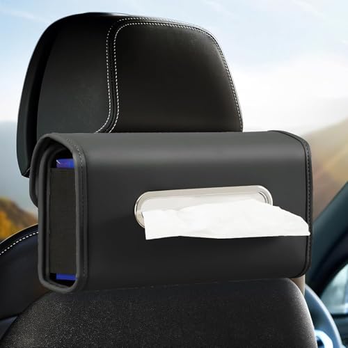 【大きめティッシュにより適用】車用ティッシュケース 箱ごと入る 高級PUレザー 車 ティッシュホルダー ティッシュカバー 3Way仕様 ヘッドレスト サンバイザー 車内をスッキリ整理 収納 (ブラック) 1
