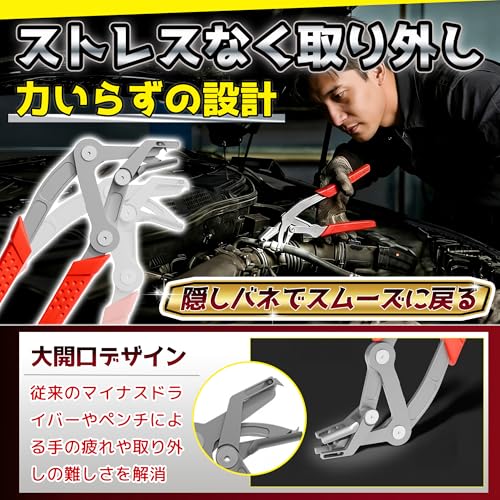 車用クリッププライヤー クリップリムーバー 車用クリップ取り外しツール 内張剥がし スプリング/レバーによる省力設計 17-4 高硬度 ステンレ 車/自動車のバンパー/フェンダー/エンジンルーム/シャーシに適用 プラスチック留め具 損傷防止・傷つけにくい 整備士/プロ仕様の特徴・詳細 画像