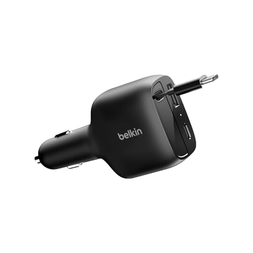 Belkin 75W 3ポート カーチャージャー PD/PPS対応｜シガーソケット用 巻き取り式USB-Cケーブル付属（最大60W）USB-A搭載｜車載充電器 iPhone・Switch・ノートPC 同時急速充電 CCC001fqBK 1