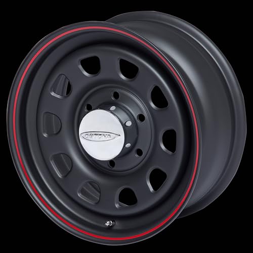 ハイエース 15インチホイールセット デイトナ 15-6.0+33 マットブラック+レッドリングONLY+メッキキャップ付 高強度スチール製4本セット DressUpClub特注色 (ホイールのみ)の詳細・まとめ 画像
