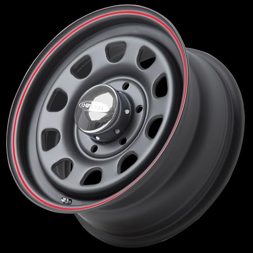 ハイエース 15インチホイールセット デイトナ 15-6.0+33 マットブラック+レッドリングONLY+メッキキャップ付 高強度スチール製4本セット DressUpClub特注色 (ホイールのみ)の特徴・詳細 画像