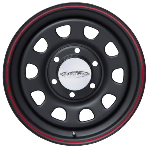 ハイエース 15インチホイールセット デイトナ 15-6.0+33 マットブラック+レッドリングONLY+メッキキャップ付 高強度スチール製4本セット DressUpClub特注色 (ホイールのみ) 1