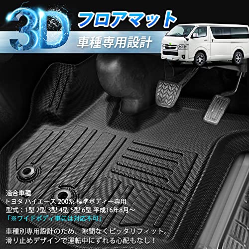 GIMUYA トヨタ ハイエース 200系 3D フロアマット 1型 2型 3型 4型 5型 6型 7型 8型 標準ボディー専用 TRH KDH 平成16年8月~ 防水 立体構造 カーマット TPE材質 車種 専用設計 耐汚れ/耐摩擦 内装 カスタムパーツ インテリア アクセサリー 簡単取付 運転席&助手席&センターパーツ&2列目 4枚セット ブラックの詳細・まとめ 画像