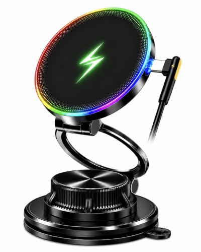 【2026 新登場力作】スマホホルダー 車 ワイヤレス充電 マグネット【15W急速充電&カラフルledライト&ナノジェル吸盤】MagSafe 車載ホルダー【360°回転な台座×多角度自由調節】搭載 N55 マグネット強力吸着 高級亜鉛合金折りたたみ構造 真空吸盤とナノゲルの最強組み合わせ【跡残らず/吸盤水洗いOK】車載 充電器 片手で簡単操作可能 iPhone&Android全機種 1