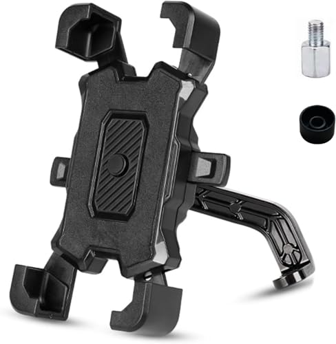 バイク用スマホホルダー、自転車用スマホホルダー、バックミラーマウント。揺れ防止・落下防止機能付きスマートホルダー。自転車やバイクに最適です。「ワンボタン自動ロック」、「片手操作」、「10秒取り付け」、「360度回転」、「落下防止」、「強力な保護」、「耐久性」、「簡単な取り付け」などの機能を備えています。4.5～7インチのバックミラーに対応しています。 1