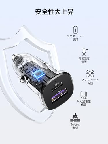 UGREEN USB C カーチャージャー 2ポート ミニ小型【PD30W+SCP22.5W 急速充電】 シガーソケット PD3.0/QC4.0/PPS対応 12V・24V車対応 車載充電器 コンパクトサイズ 軽量 耐久性 車充電器 iphone17/iPhone15/ iPhone14/ iPhone13/Xperia/Galaxy/Android/iPadなどに対応の特徴・詳細 画像