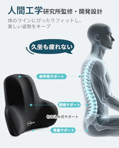 車 腰クッション ランバーサポート オフィスチェア 【薄手 柔らか 快適 低反発 スペースメモリーフォーム】人間工学 腰サポート 体圧分散 全シーンで腰を守り オフィス ドライブ 出張 旅行 勉強の長時間着座も無負担 日本語取扱説明書 KB-BKの特徴・詳細 画像