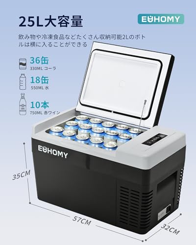 EUHOMY 車載冷蔵庫 ポータブル冷蔵庫 小型 【-20℃～20℃ 急速冷凍】 25L 持ち運び 3WAY 電気式 車載 電動 車に乗せる キャンプ 車載家庭両用 静音 低電圧保護 DC12V/24V AC100V コンプレッサー式 車中泊 トラック 釣り 災害時 一人暮らしに大活躍 日本語説明書 25L 【PSE規格品】の特徴・詳細 画像