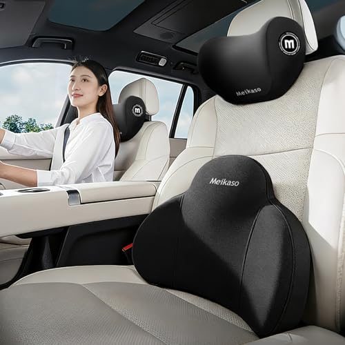 車 腰クッション 背もたれ ランバーサポート ヘッドレスト 頚椎サポート低反発 ファッション 疲労対策 ネックピロー 腰当て 車 ネックパッド 長時間運転 腰 サポート 通気性 車用腰枕 快適な腰 車用品/オフィス/自宅用 (【ブラック】, 【腰クッション・ヘッドレストセット/ 1セット】) 1