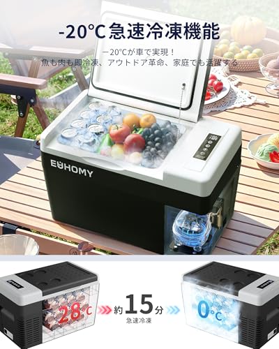 EUHOMY 車載冷蔵庫 ポータブル冷蔵庫 小型 【-20℃～20℃ 急速冷凍】 25L 持ち運び 3WAY 電気式 車載 電動 車に乗せる キャンプ 車載家庭両用 静音 低電圧保護 DC12V/24V AC100V コンプレッサー式 車中泊 トラック 釣り 災害時 一人暮らしに大活躍 日本語説明書 25L 【PSE規格品】の詳細・まとめ 画像