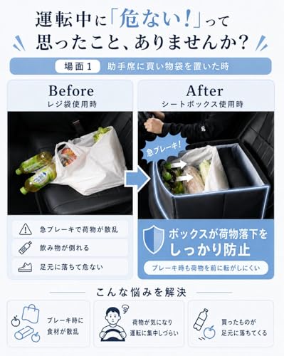 SUKIMA Lab. 車 収納ボックス 大容量32.4L シートボックス 【保冷・保温/フタ付きタイプ】 助手席の荷物転落防止 クッションになる 2WAY 折りたたみ 取外し可能 洗える ランバーサポート 全車種対応 軽自動車 SUV ミニバンの特徴・詳細 画像