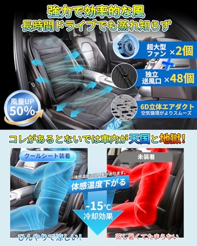 クールシート 車 シートクーラー【2026新昇級 48個送風穴+2枚超大型ファン DC12V車専用】 無段階風量調節 革新素材 より柔らかい 夏用 蒸れない エアーカーシート 通気性 滑り止め 取付簡単 熱中症対策の特徴・詳細 画像