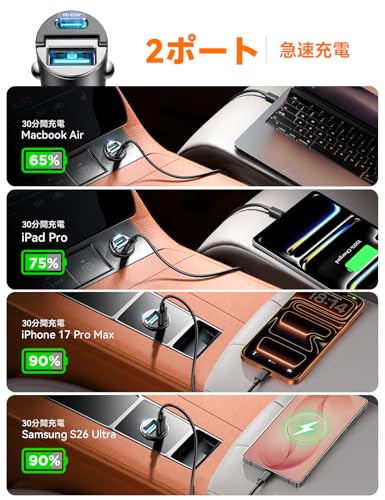 JOYROOM 車 充電器 シガーソケット USB C 【PD65W+QC60W・ミニ型・2個セット】 車載充電器 カーチャージャー 2ポート USB-A&USB-C コンセント 超小型 急速充電 軽量 12V/24V車対応 iPhone/iPad/Android各種対応の特徴・詳細 画像