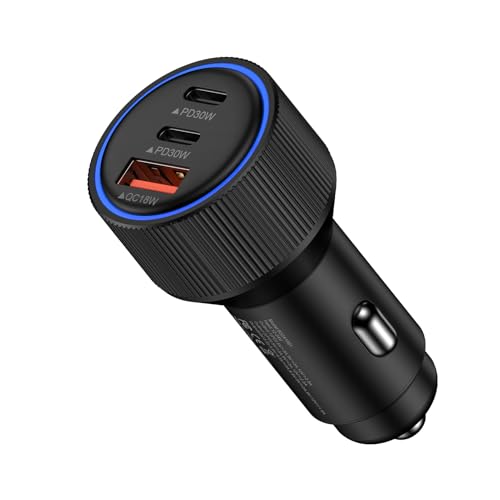 78W シガーソケット usb-c 高出力 車載充電器 急速充電 カーチャージャー USB-C&USB-A 超小型 3台同時急速充電 しがーソケット アルミ合金製 LEDリング搭載 12V/24V車対応 iPhone17/16/15 iPad Galaxy Sony Androidなど各種対応（ブラック） 1