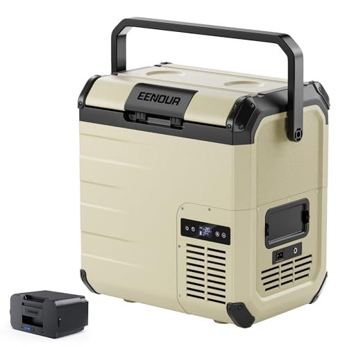 【Amazon.co.jp限定】EENOUR 車載冷蔵庫 D18 18L -20℃～10℃ バッテリー1個付き 小型 両開きフタ コンプレッサー式 5WAY電源対応 AC100V DC12V/24V 電池 ポータブル冷蔵庫 コードレス式 急速冷凍 省エネ 静音 軽量 コンパクト LCD温度表示 庫内灯・排水口付き 家庭アウトドア両用 キャンプ 車中泊 一人暮らしに大活躍 1