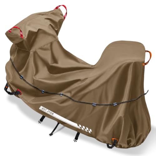Bst Jyob バイクカバー 500D 厚手 防水 【独自の腰紐付き・強風対策】 オックスフォード生地 ロック穴前後対応 反射材 二重防風ベルト UVカット 盗難防止 防雪 防塵 収納バッグ付き （ハイバック2XL、ブラウン） 1
