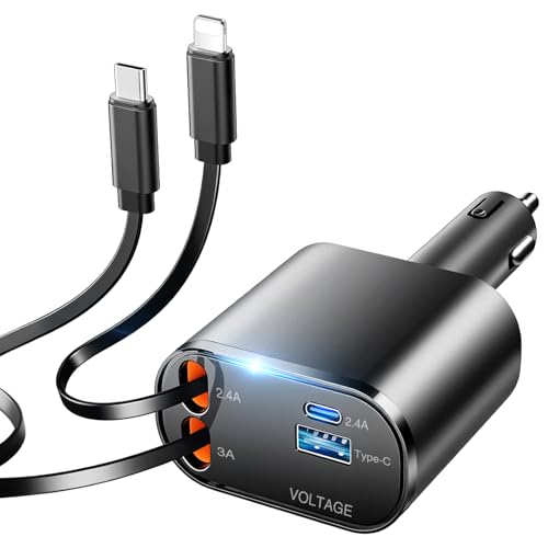 車 充電器【2026 年新型 PD100W】巻き取り式 シガーソケット USB C カーチャージャー 4in1 多ポート 4 台同時急速充電 DC12V・24V 汎用車載充電器 iPhone/MacBook/Android/iPad 全機種対応 しがーソケット usb 小型コンパクトカー用品 1