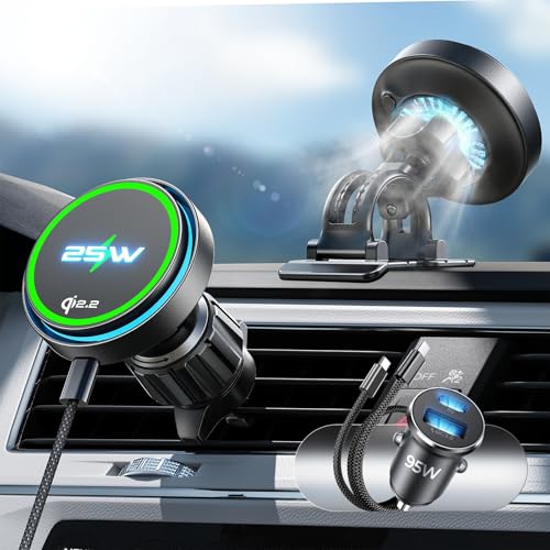 LISEN 2026新版【Qi2.2認証 25W充電】magsafe 車載ホルダー 冷却ファン内蔵 ワイヤレス充電器 [2つの固定部品 & シガーソケットプレゼント]スマホホルダー 車 ワイヤレス充電 LEDライト qi2 充電器 25w iPhone17-12シリーズ対応（ iOS 26バージョン以降25 w対応） 1