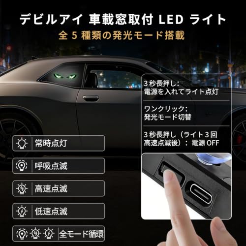 ソーラーデビルアイズLEDカーウィンドウライト、ワイヤレスアニメーションデビルアイ（車のフロントガラス、リアウィンドウ用）、ソーラー＆USB電源、穴あけ不要＆吸盤付き、防水シグナルアンビエントランプ、SUV、トラック、RV用 (ブルー) [並行輸入品]の特徴・詳細 画像