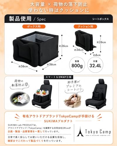 SUKIMA Lab. 車 収納ボックス 大容量32.4L シートボックス【助手席の荷物転落防止】クッションになる 2WAY 折りたたみ 取外し可能 洗える ランバーサポート 全車種対応 軽自動車 SUV ミニバン (標準タイプ)の特徴・詳細 画像